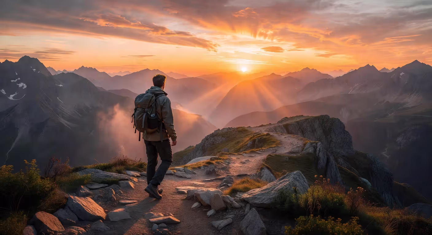 Solo hiker on mountain trail representing personal journey forward