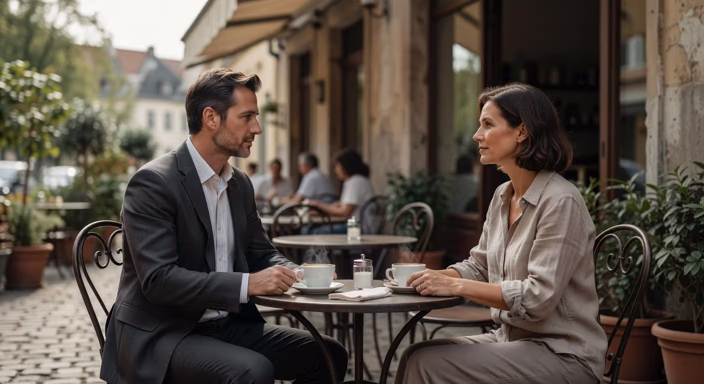 Former couple having mature conversation at coffee shop