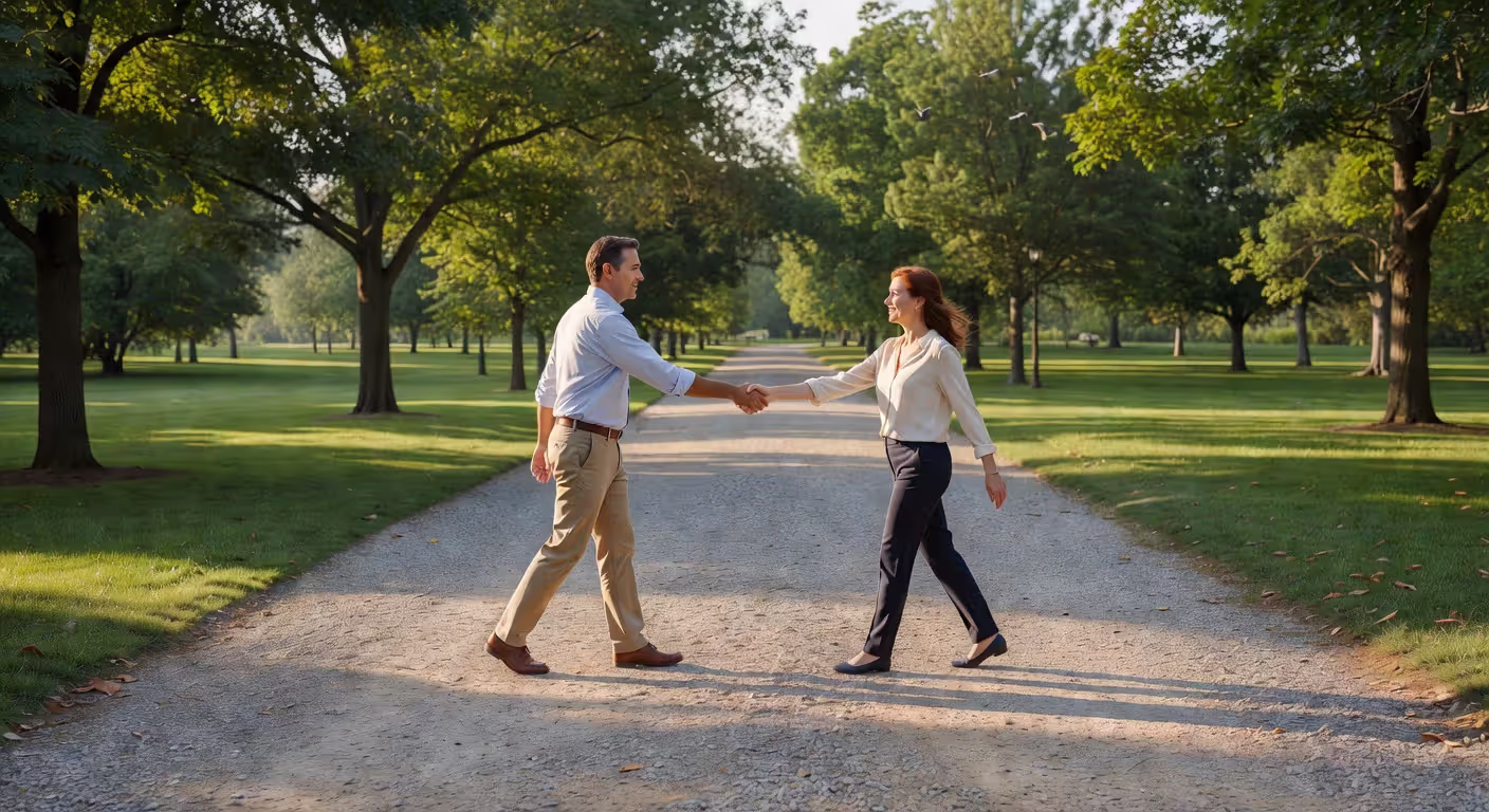 Former partners parting ways amicably after emotional healing