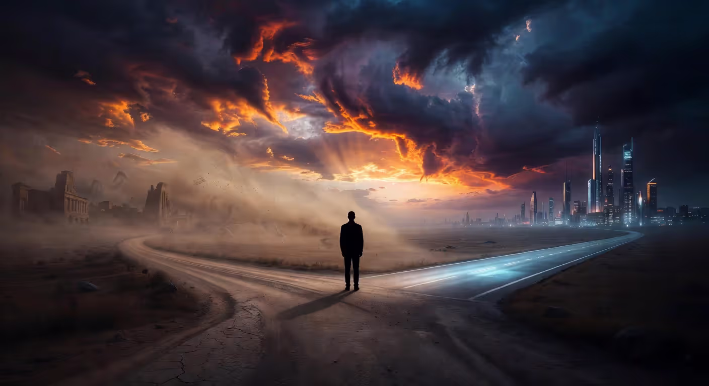 Person at a crossroads choosing between past and future