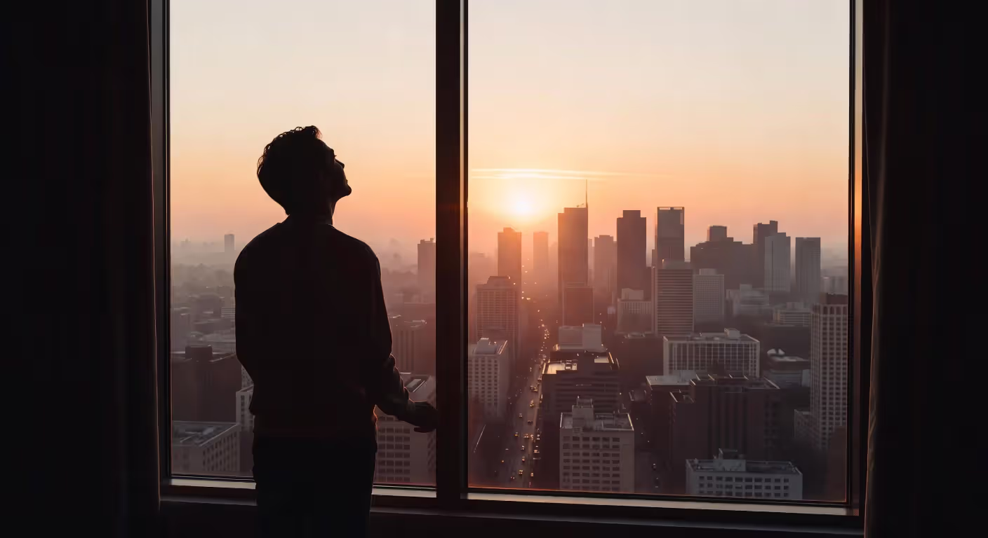 Person contemplating hope and new beginnings at sunrise