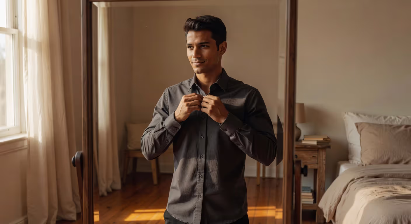 Person preparing for a date looking in mirror