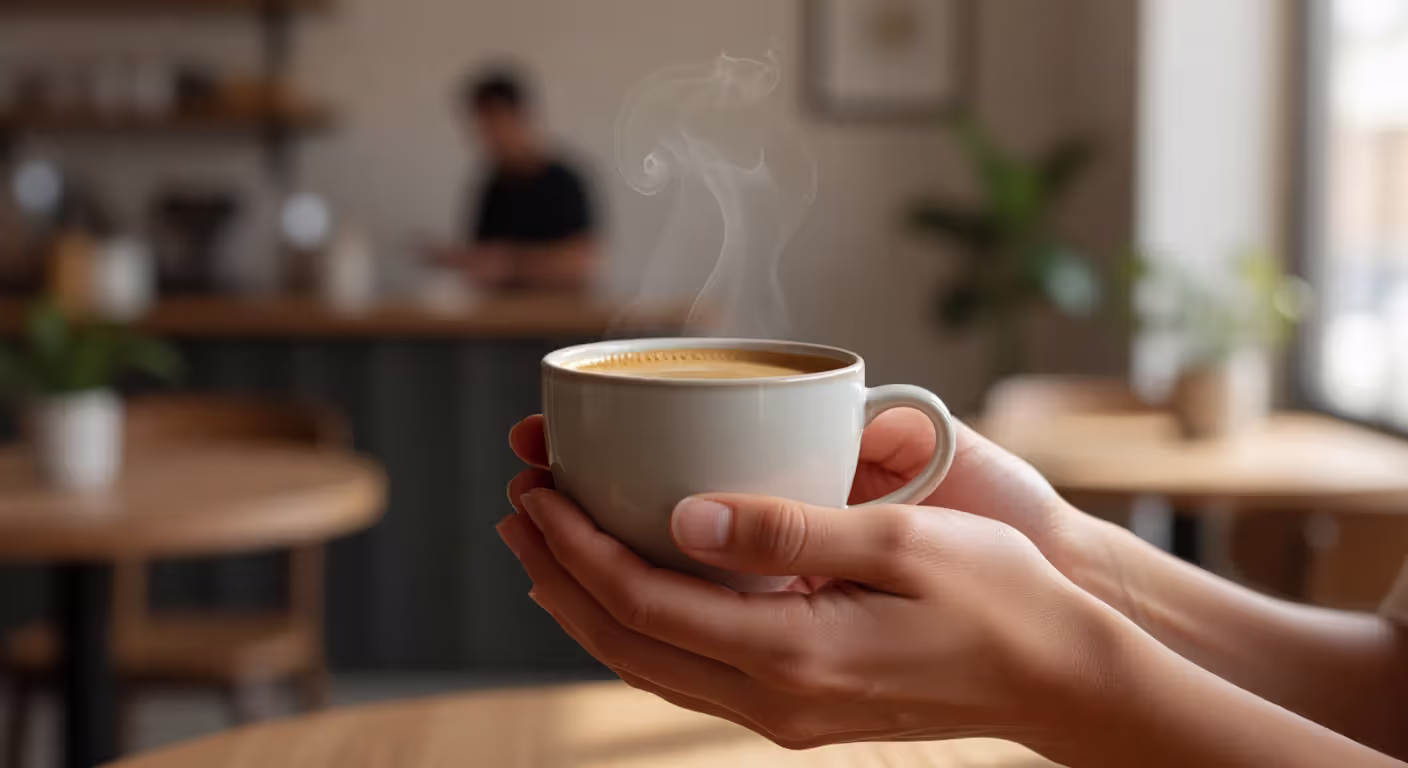 Person holding coffee cup to calm first date nerves