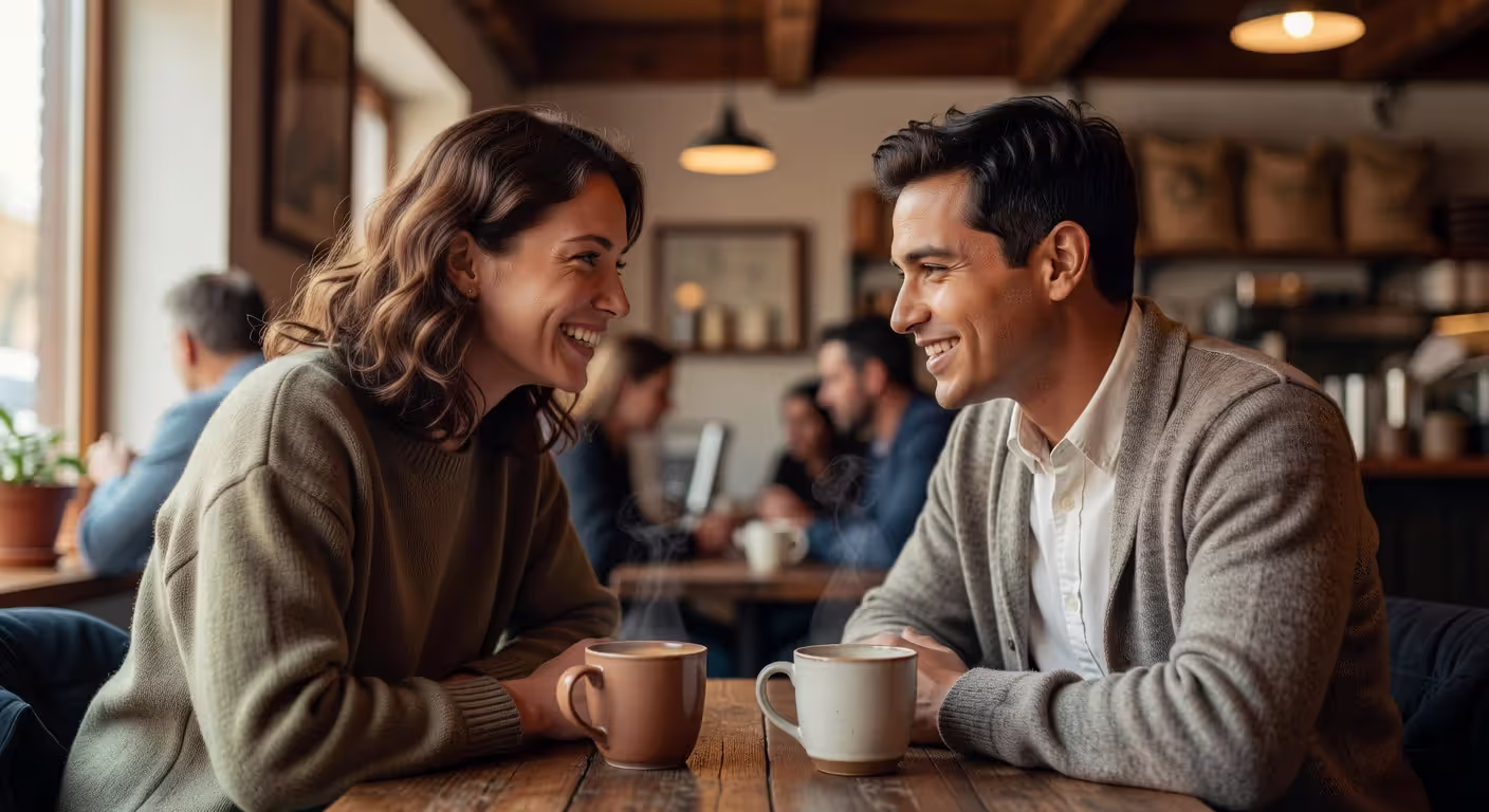 Two people engaging in subtle flirting through body language and eye contact