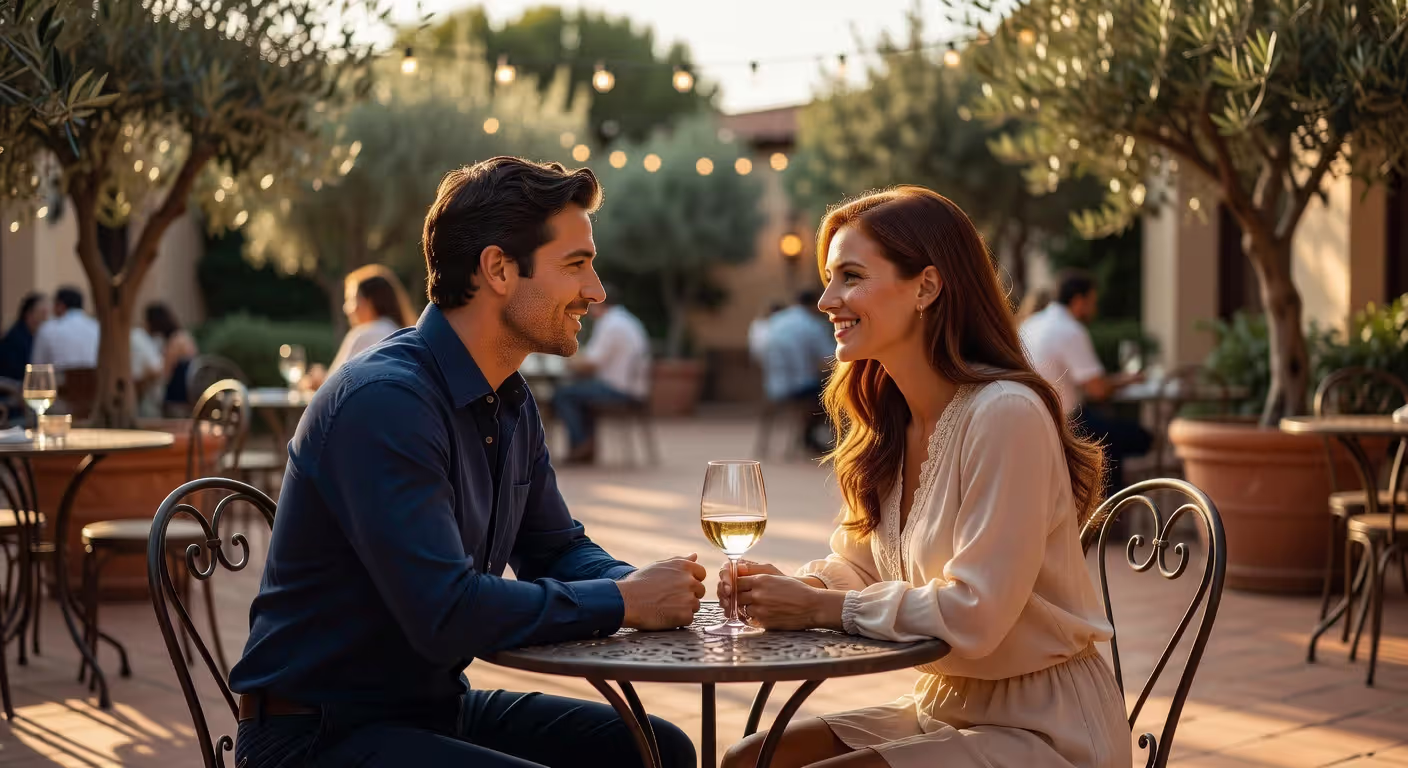 Couple demonstrating respectful flirting with engaged conversation and positive body language