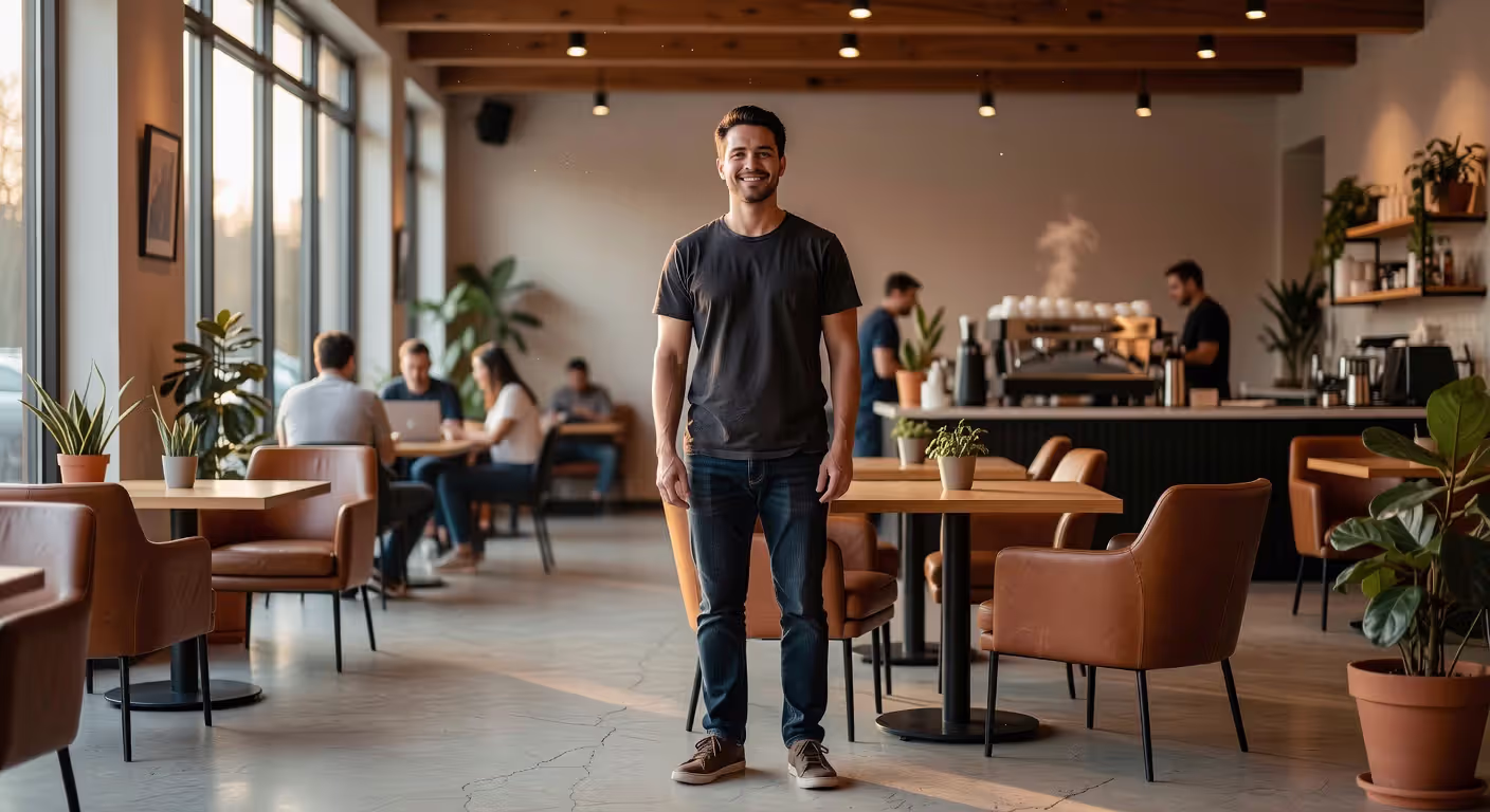 Person preparing to approach someone in a coffee shop