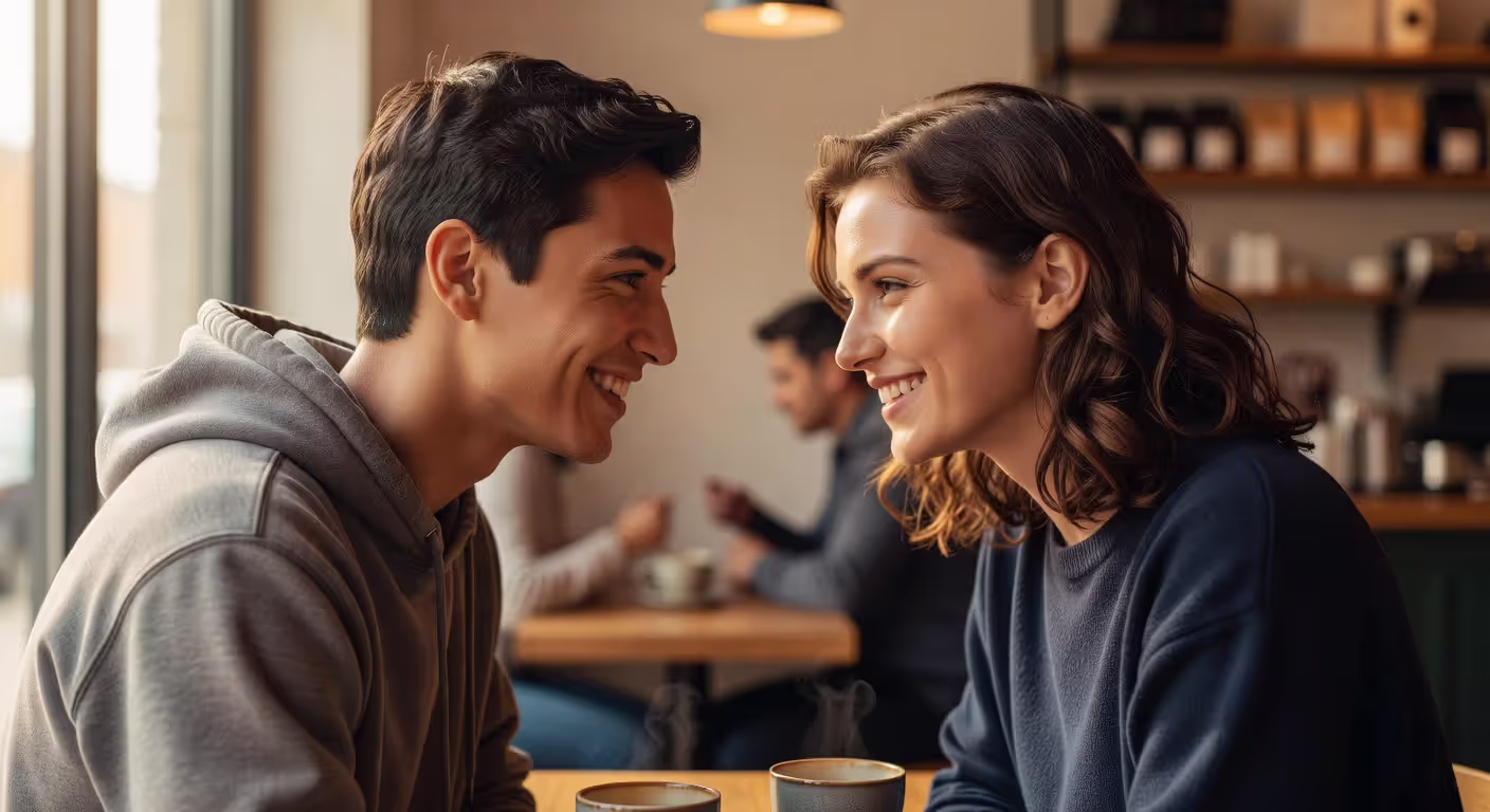 Two people making sustained eye contact showing signs of attraction