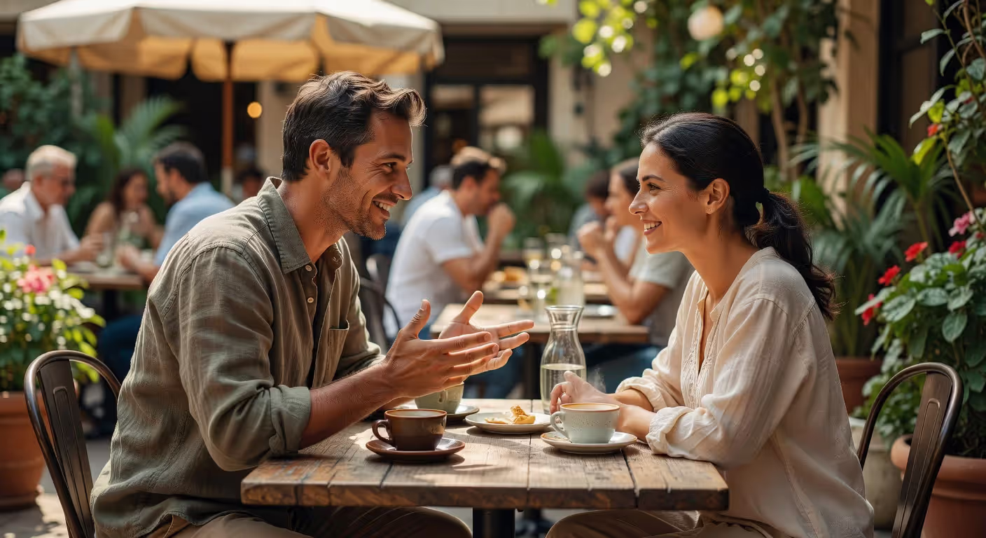 Man showing engaged body language and attentive behavior during conversation