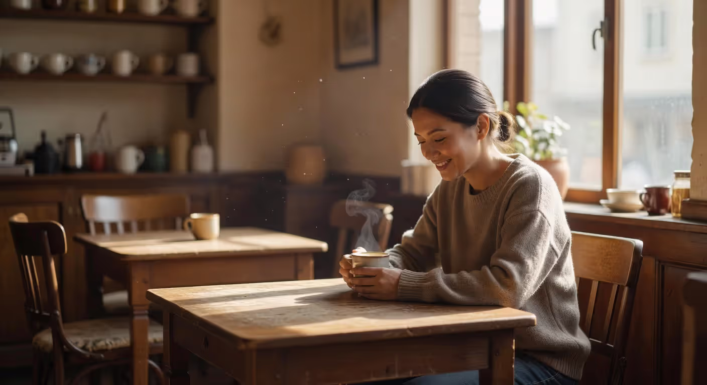 Person reflecting peacefully while enjoying coffee alone
