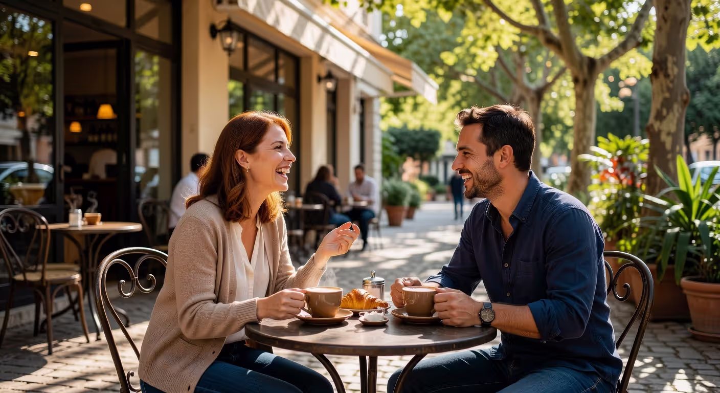 Couple enjoying a casual first date over coffee