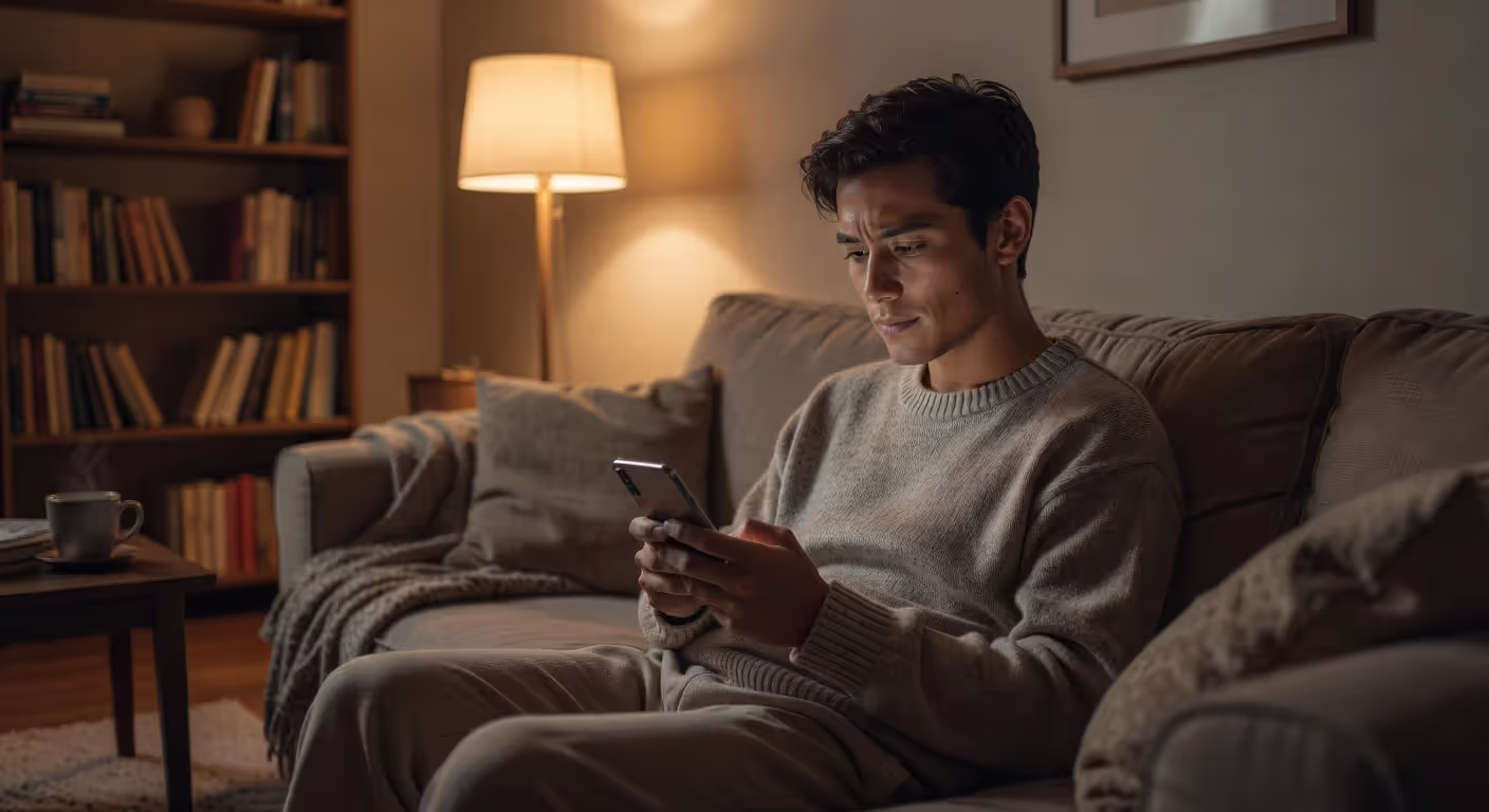 Person thoughtfully considering online dating on their phone