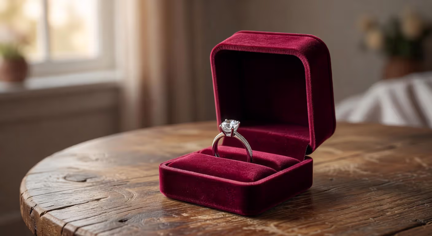 Engagement ring in open box on wooden surface