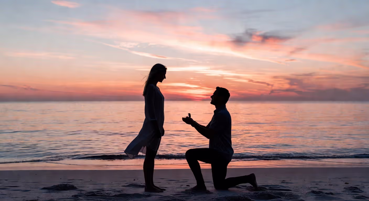 Beach proposal at sunset with couple silhouette