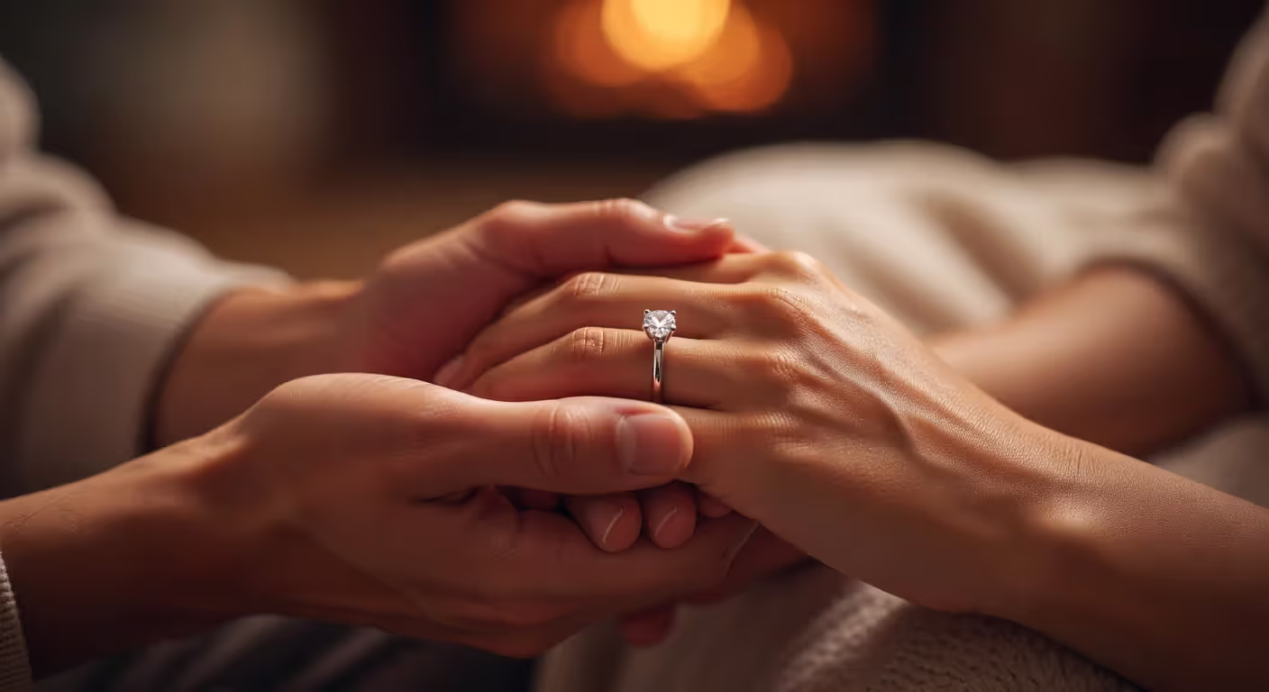Newly engaged couple holding hands with engagement ring