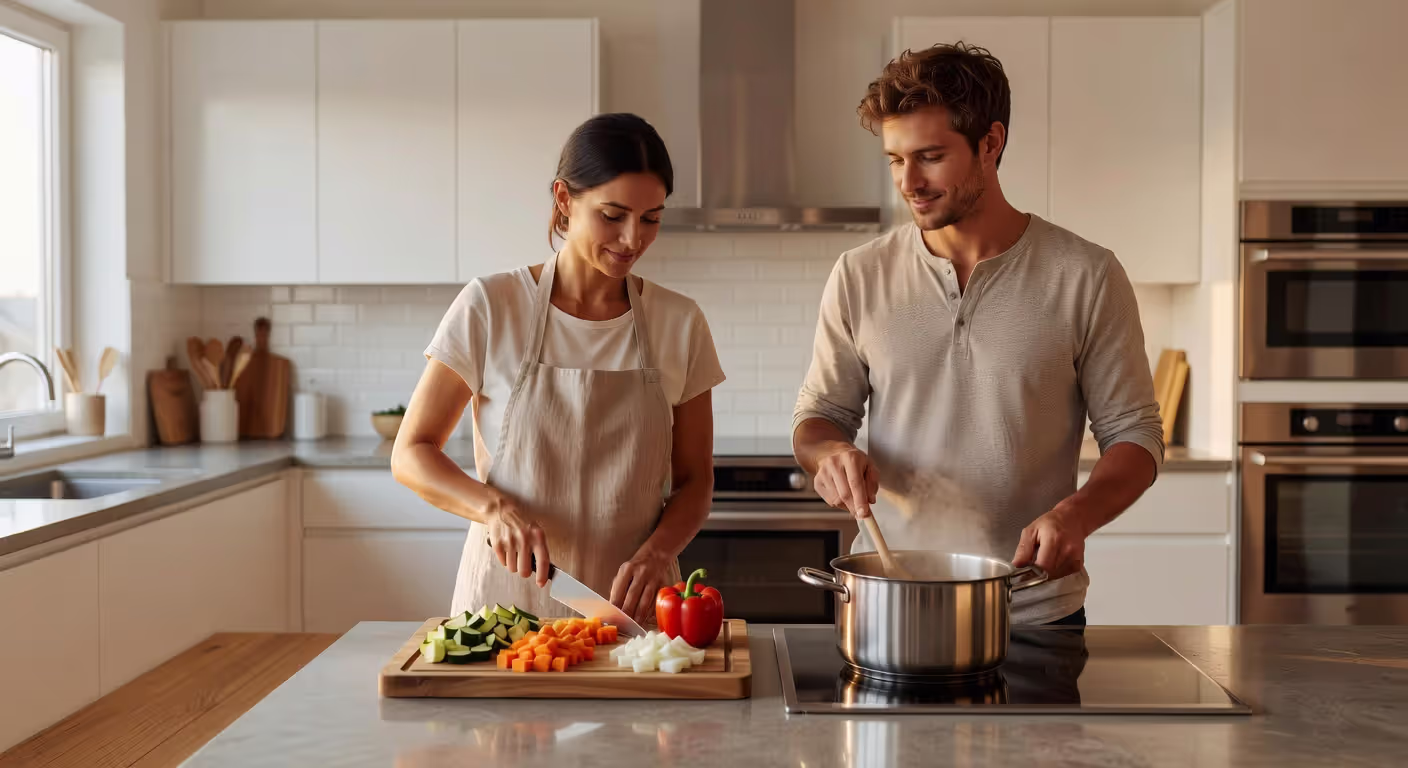 Couple preparing meal together demonstrating acts of service love language