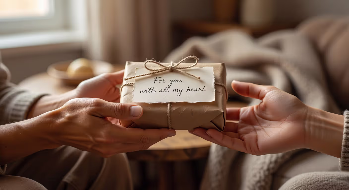 Thoughtful gift exchange between partners demonstrating receiving gifts love language