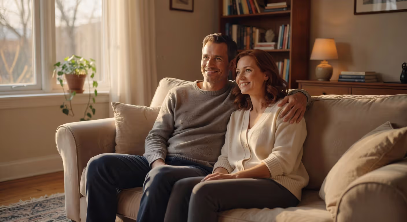 Couple showing physical affection sitting close together on couch