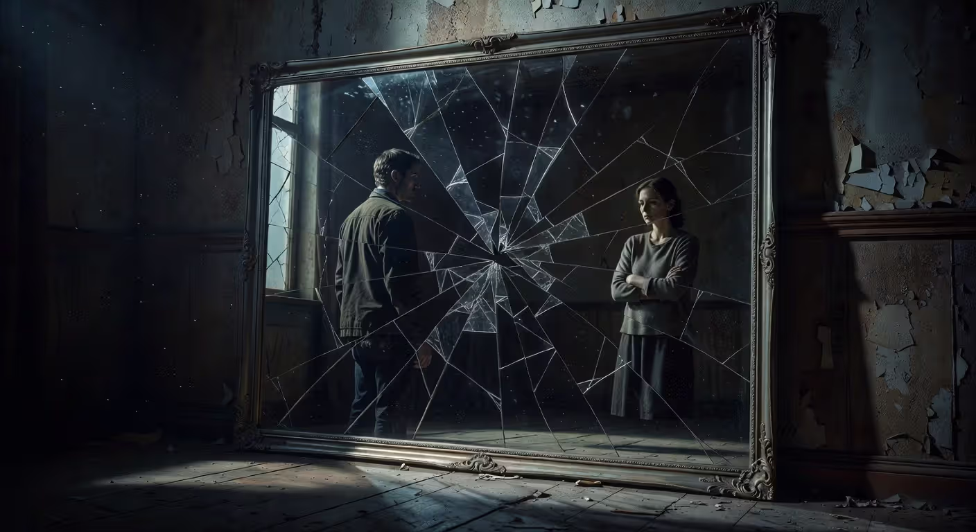 Broken mirror symbolizing damaged trust between partners