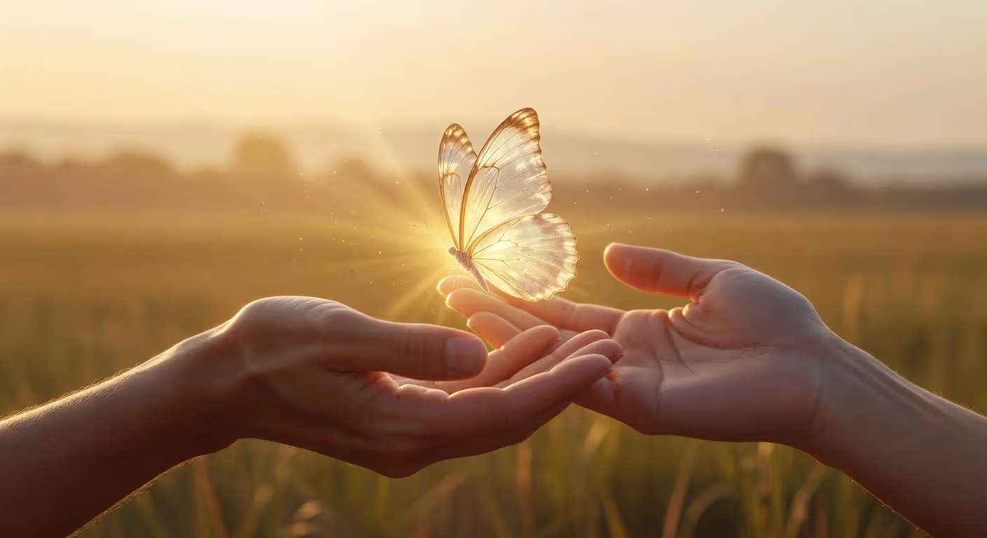 Hands releasing butterfly symbolizing unconditional love and freedom