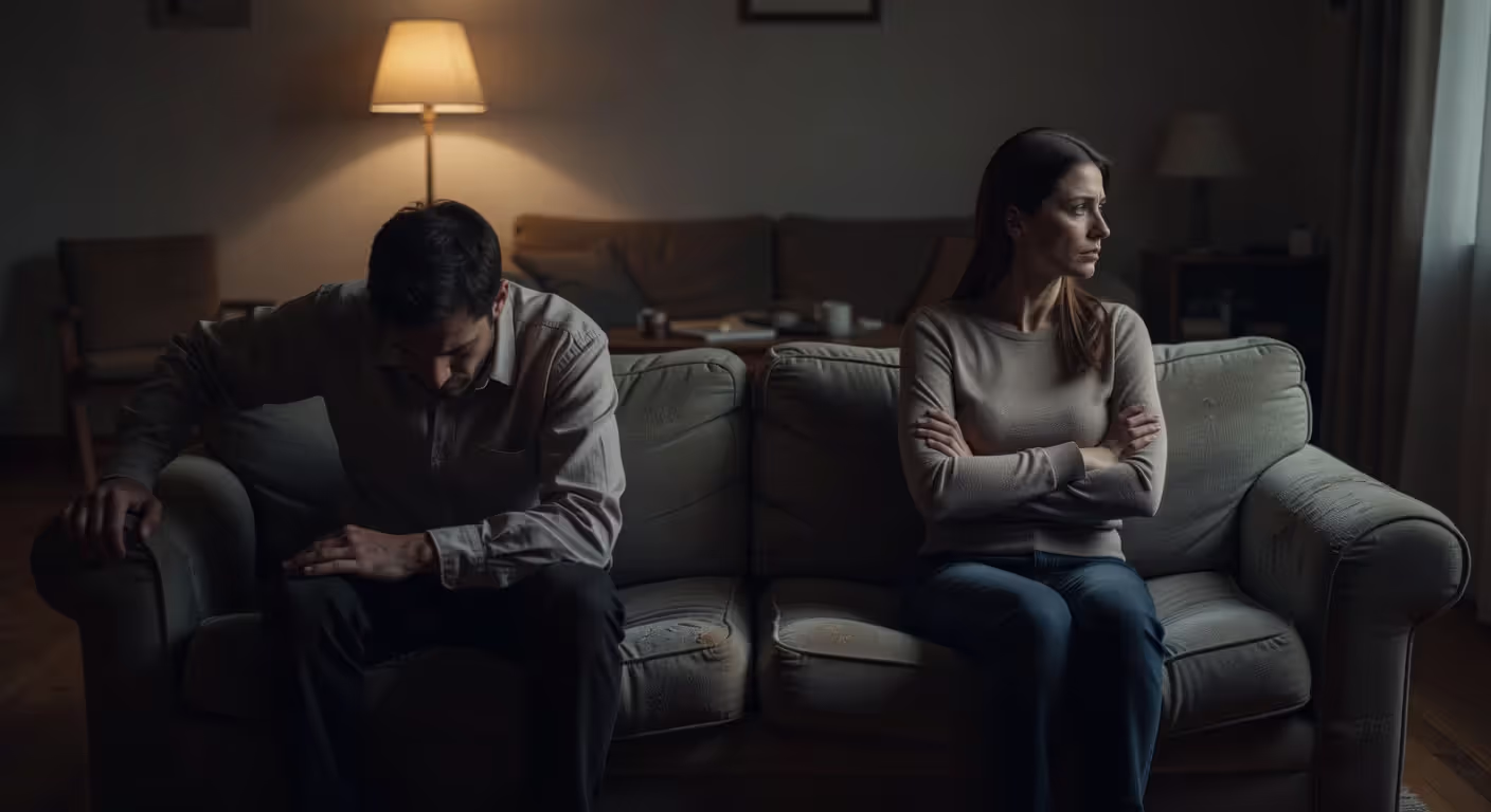 Couple experiencing emotional distance sitting apart on couch