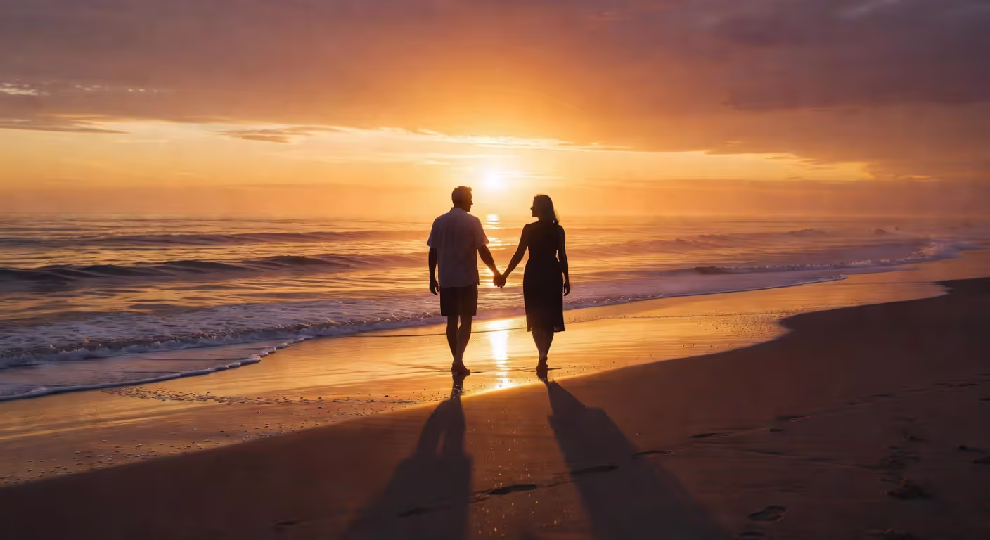 Long-married couple walking together on beach