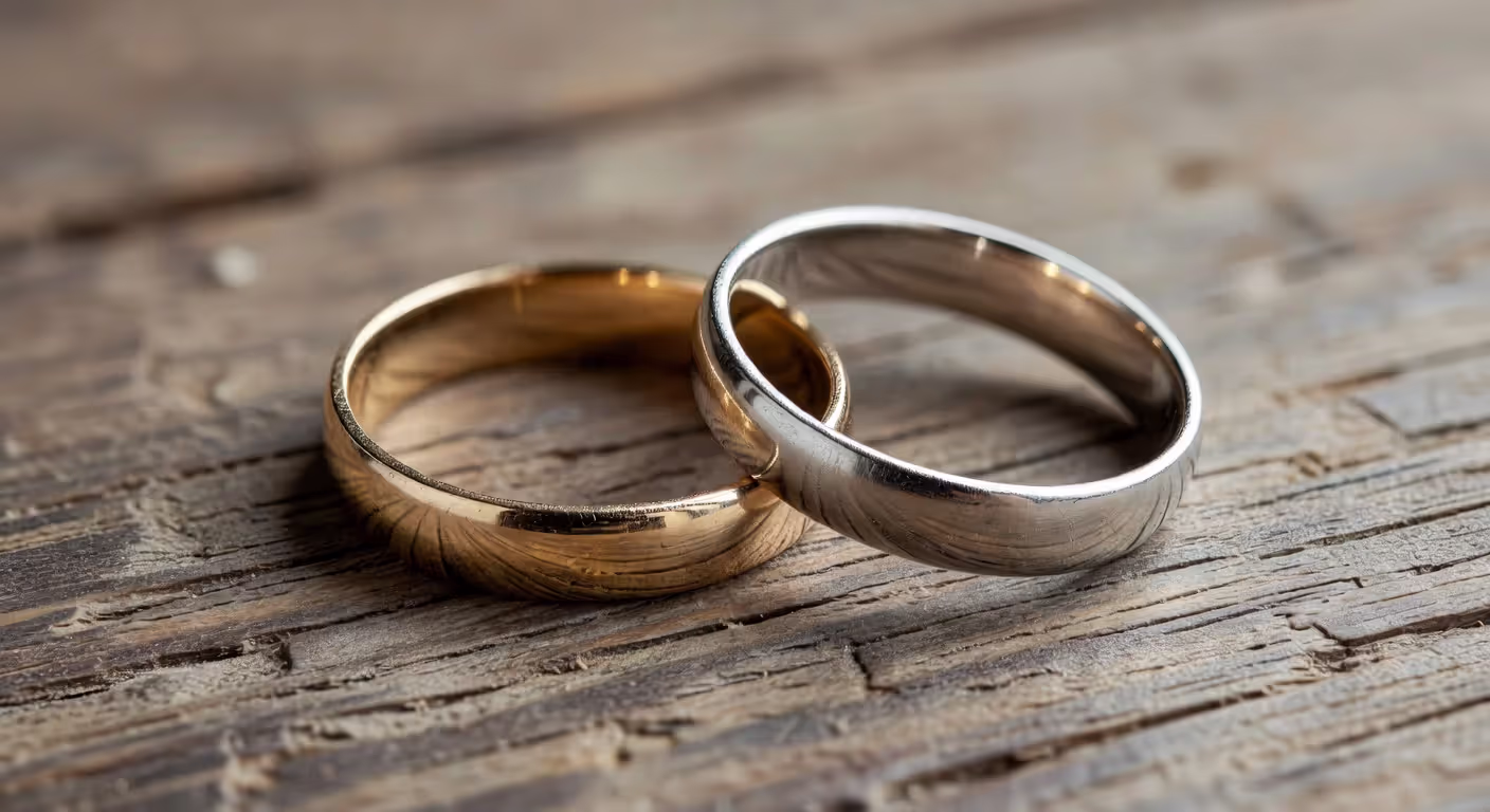 Wedding rings showing signs of wear representing long marriage