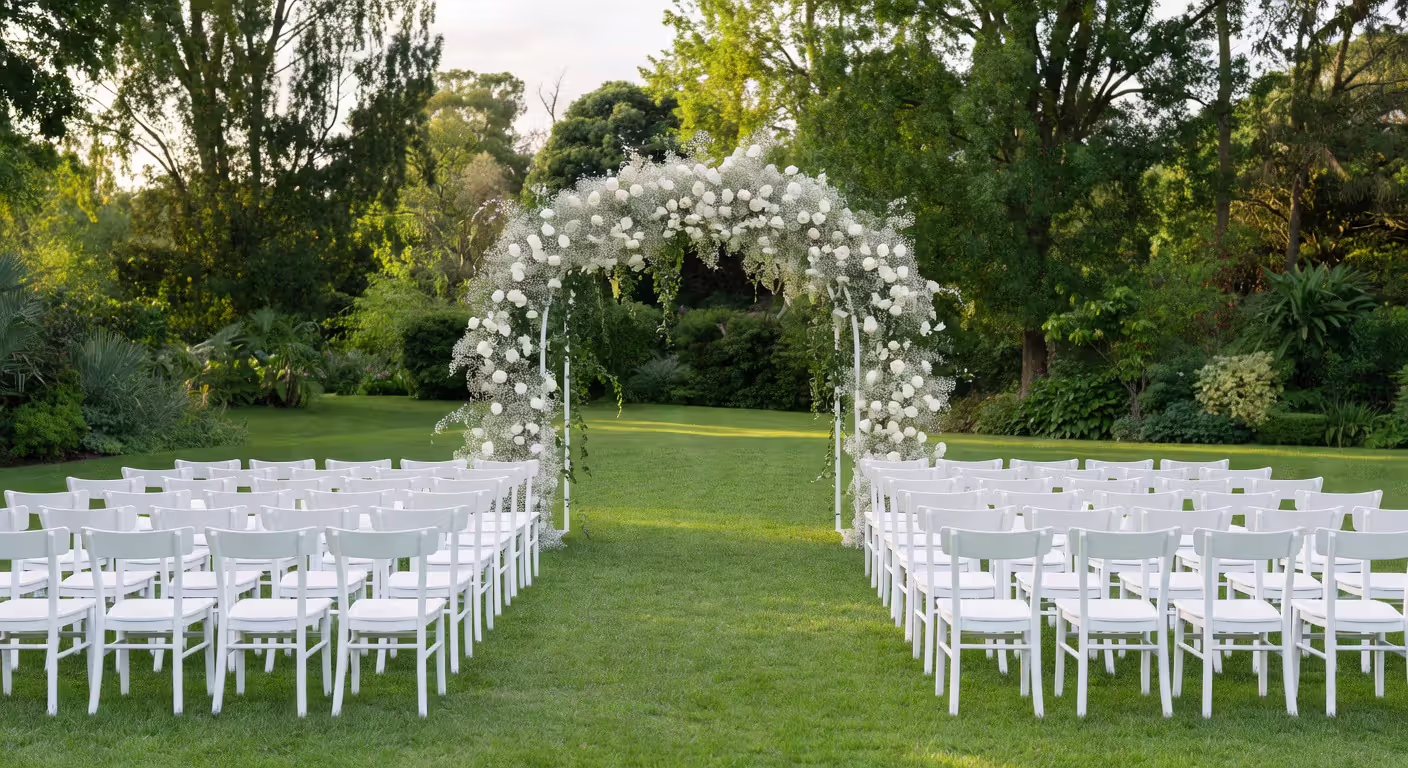 Outdoor wedding ceremony venue setup with decorated arch and seating