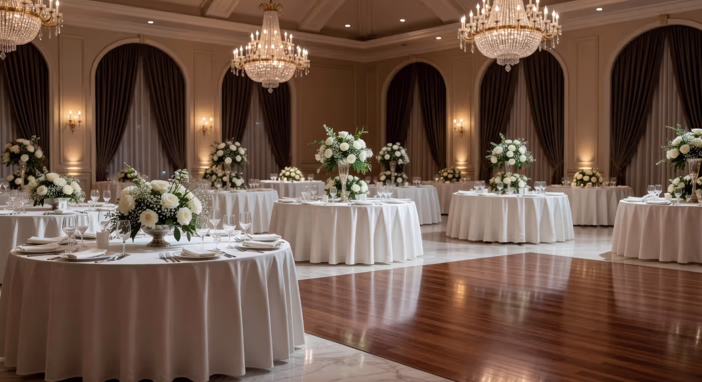 Wedding reception venue with decorated tables and dance floor