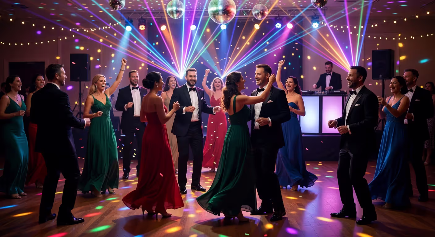 Wedding guests dancing at reception with DJ and lighting
