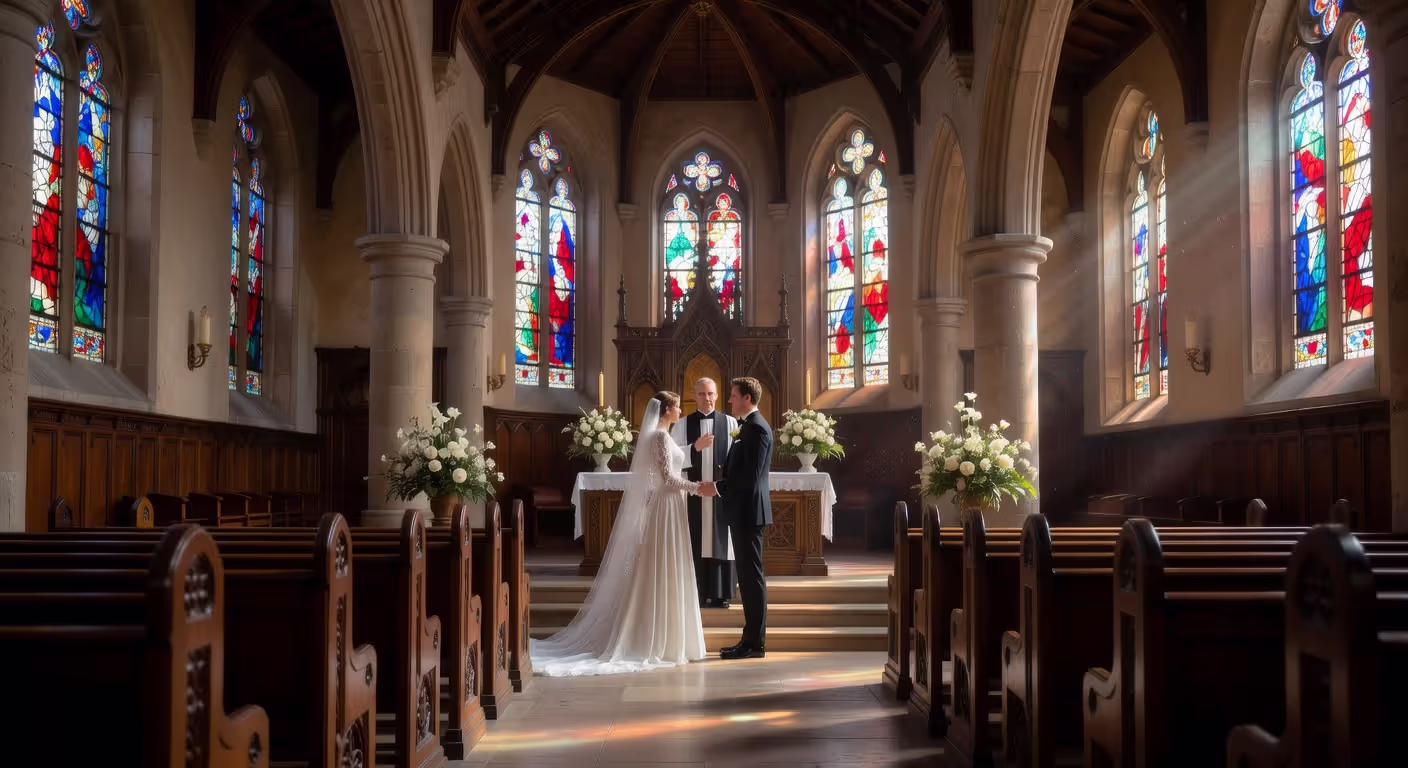 Traditional church wedding ceremony with couple at altar