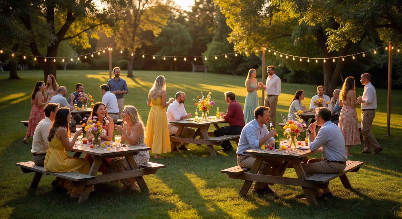 Casual backyard wedding reception with string lights and relaxed atmosphere