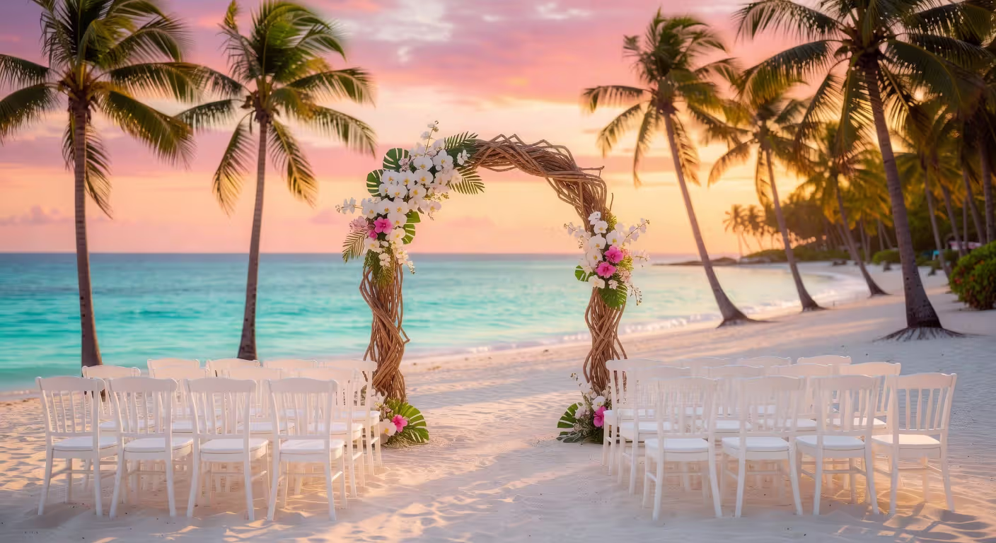 Beach destination wedding ceremony at sunset with ocean backdrop