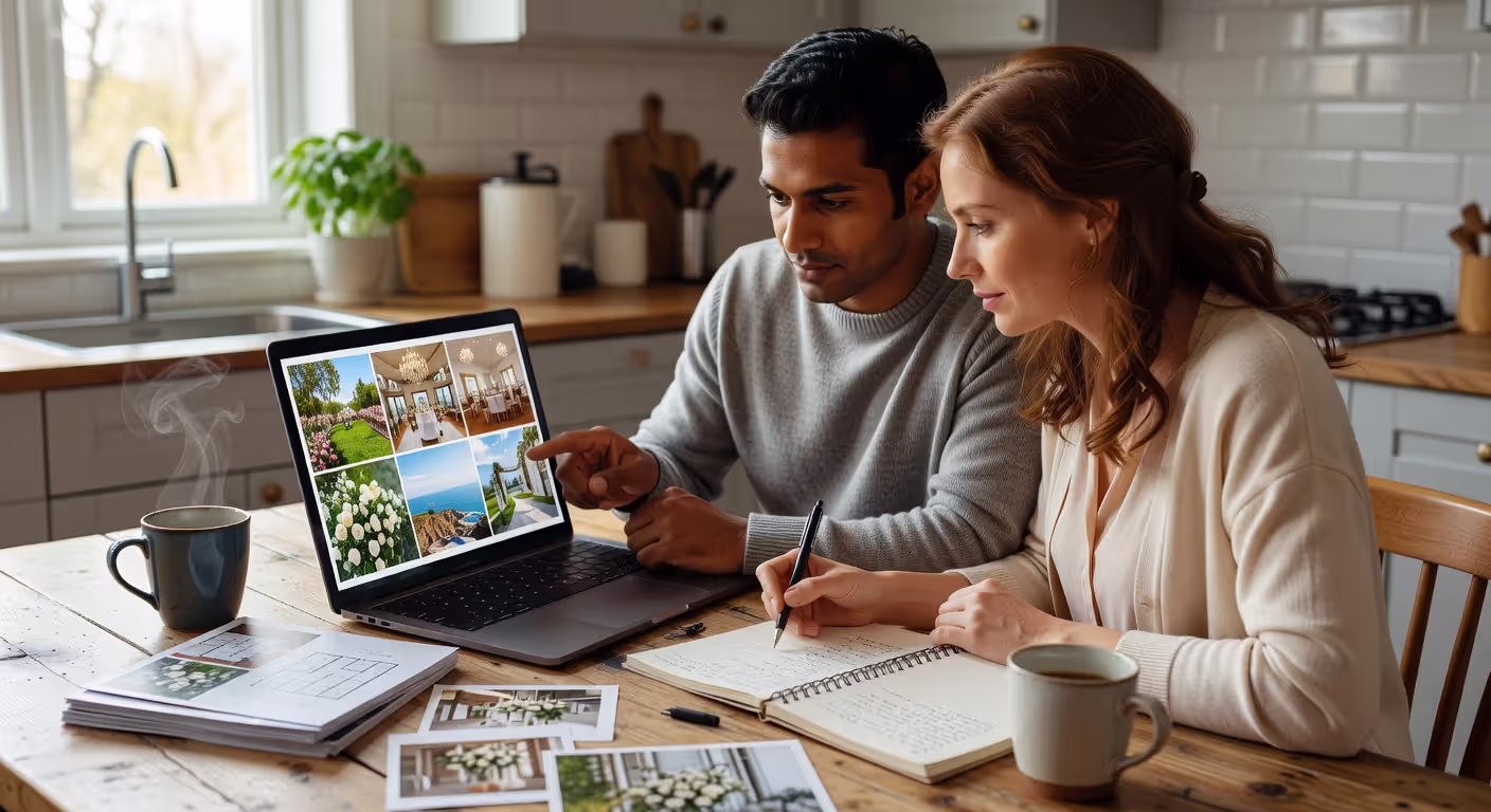 Couple planning their wedding together with laptop and notes