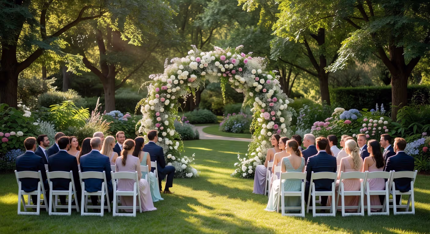 Outdoor wedding ceremony with guests seated facing floral arch