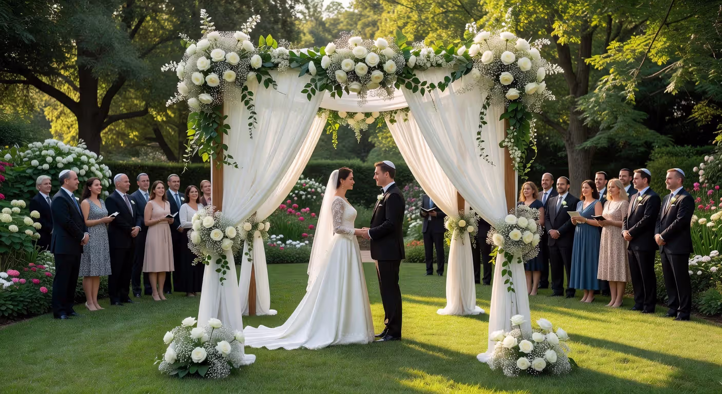 Jewish wedding ceremony under chuppah with couple and guests