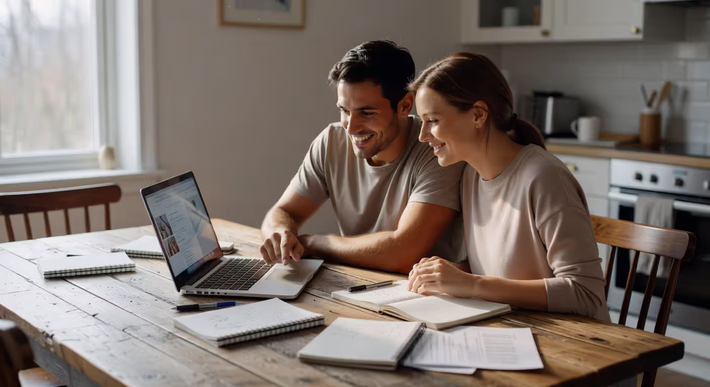 Engaged couple planning wedding budget and timeline together