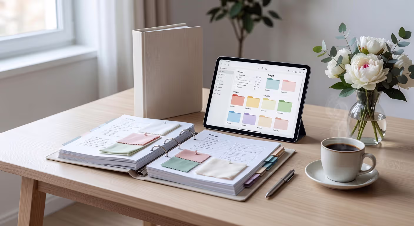 Organized wedding planning tools and workspace