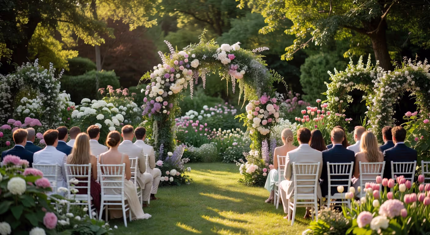 Outdoor spring wedding ceremony in garden setting