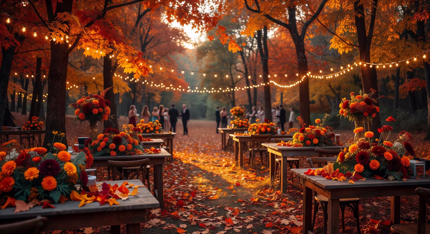 Fall wedding reception with autumn foliage and string lights