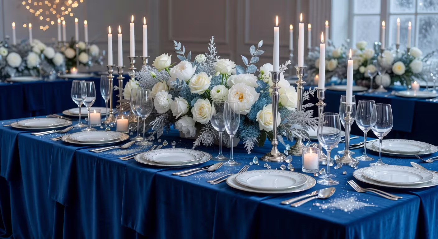 Winter wedding table setting with elegant seasonal decor
