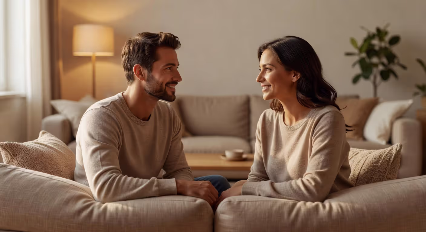 Couple having an open conversation on couch