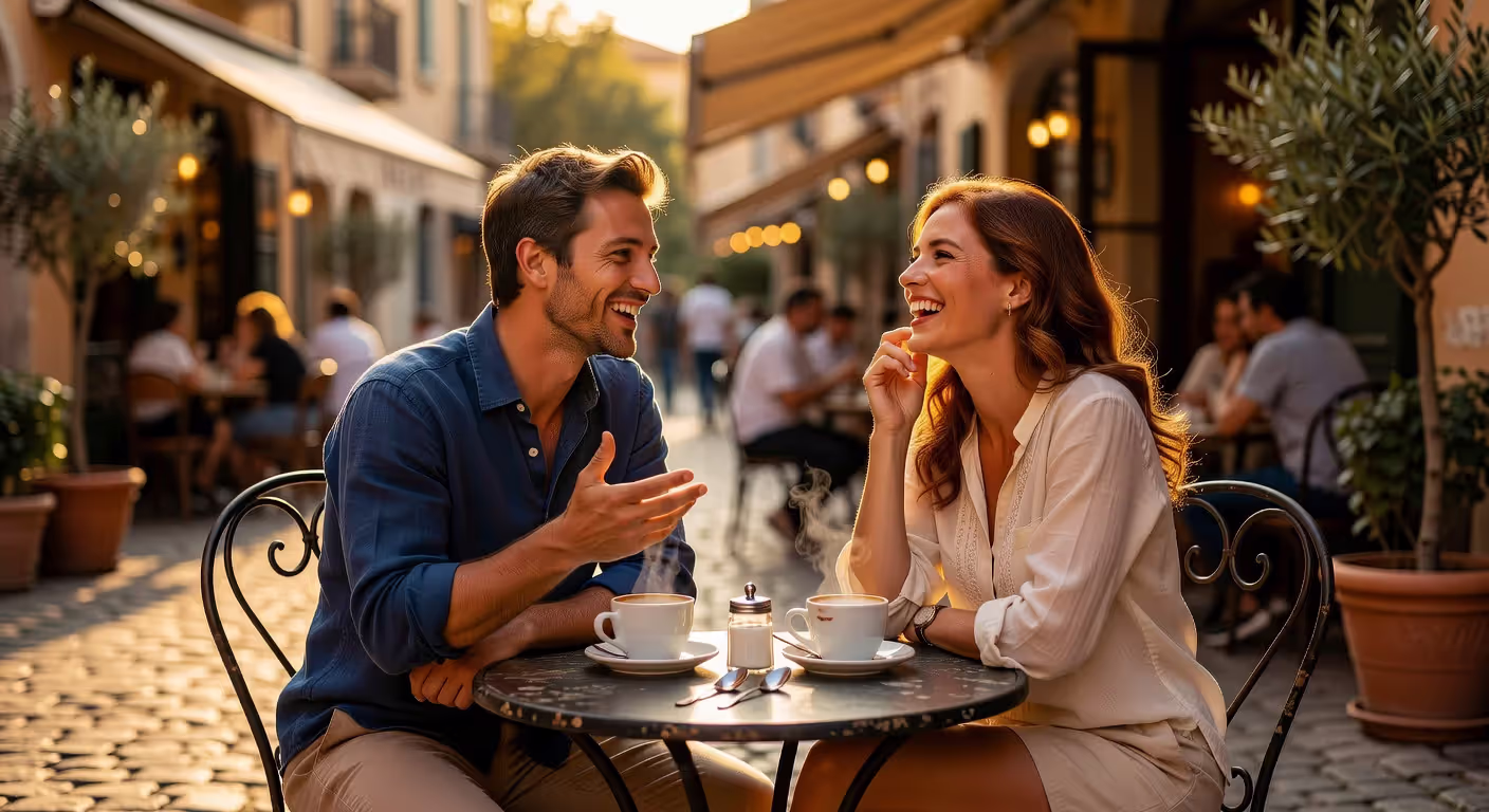 Couple engaged in conversation at outdoor cafe