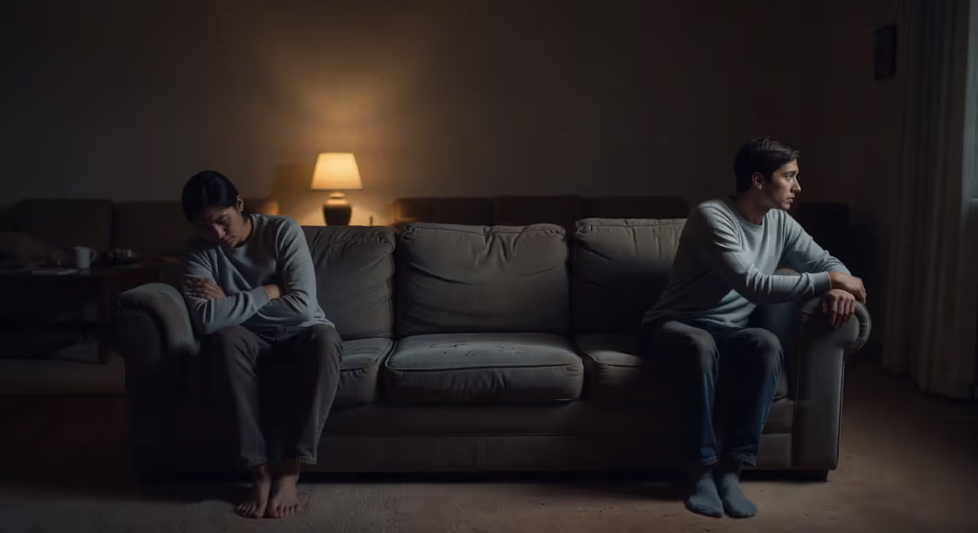 Couple showing emotional disconnect sitting apart