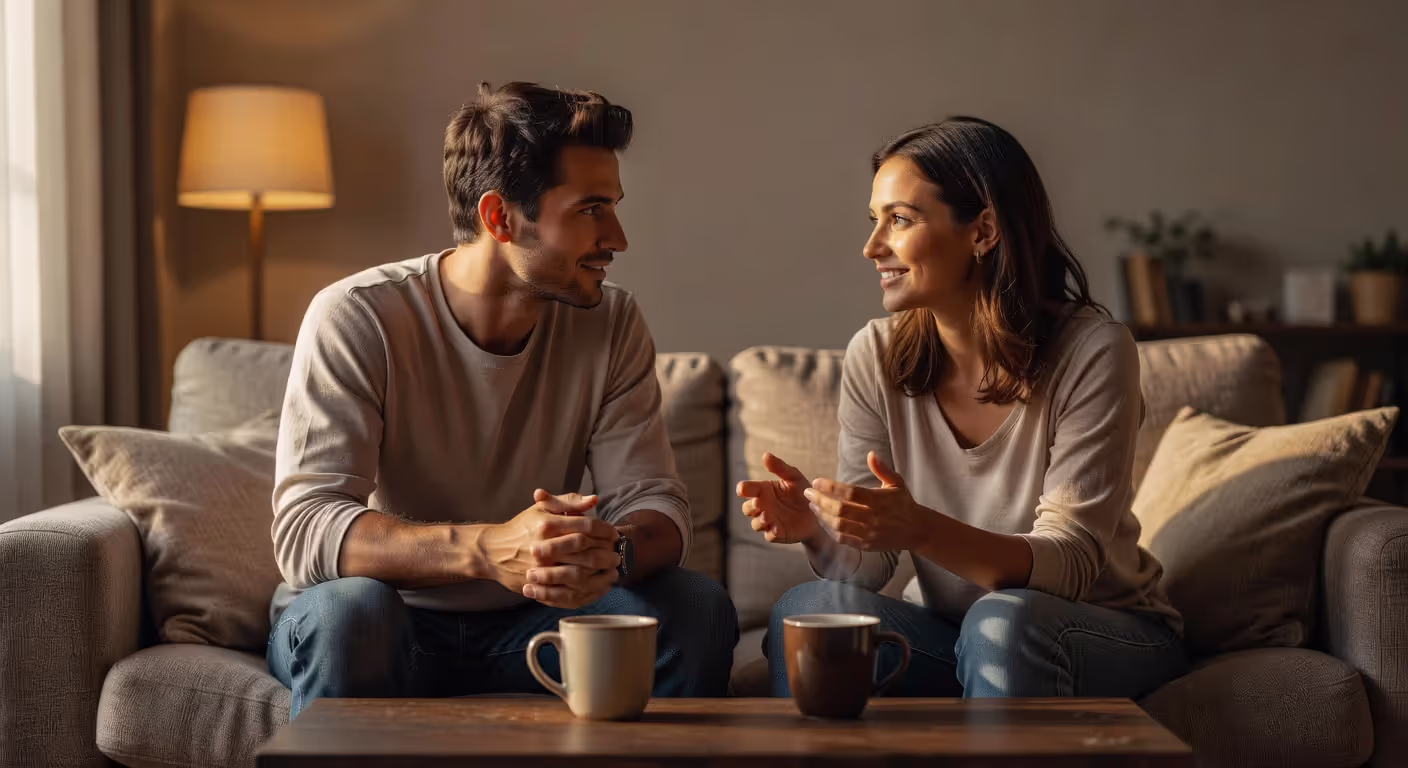 Couple having intimate conversation on couch