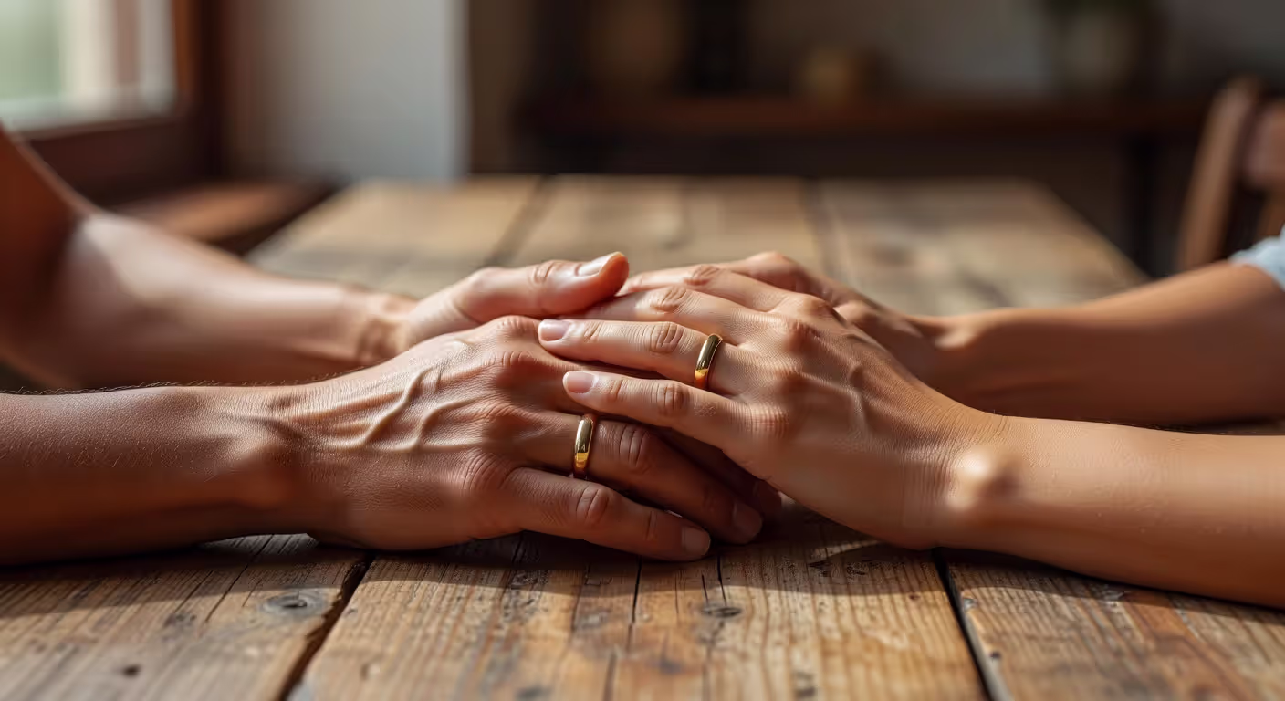 Couple holding hands across table