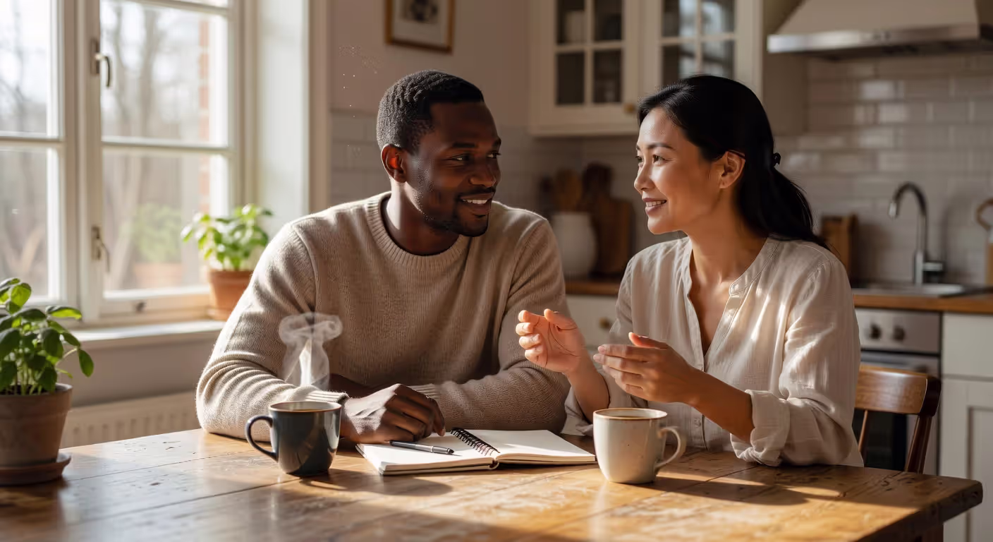 Couple having a goal-setting conversation at home