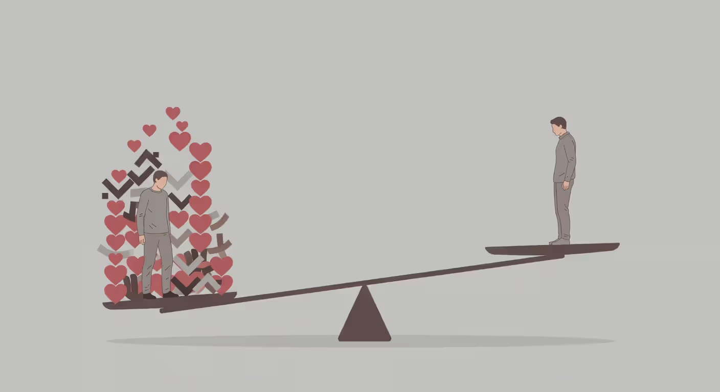 Visual representation of relationship imbalance with one person carrying more emotional weight