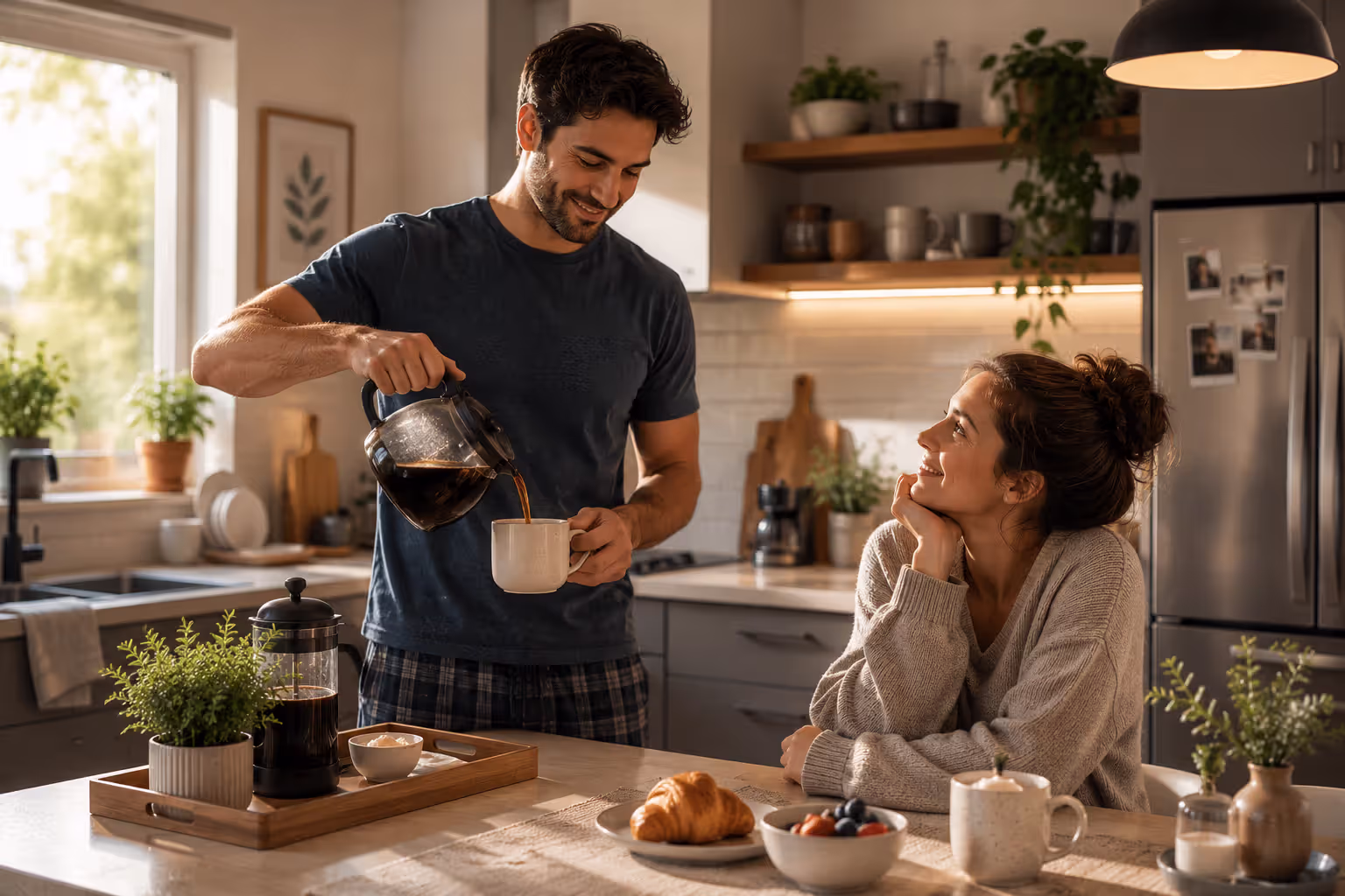 Partner preparing morning coffee as act of service