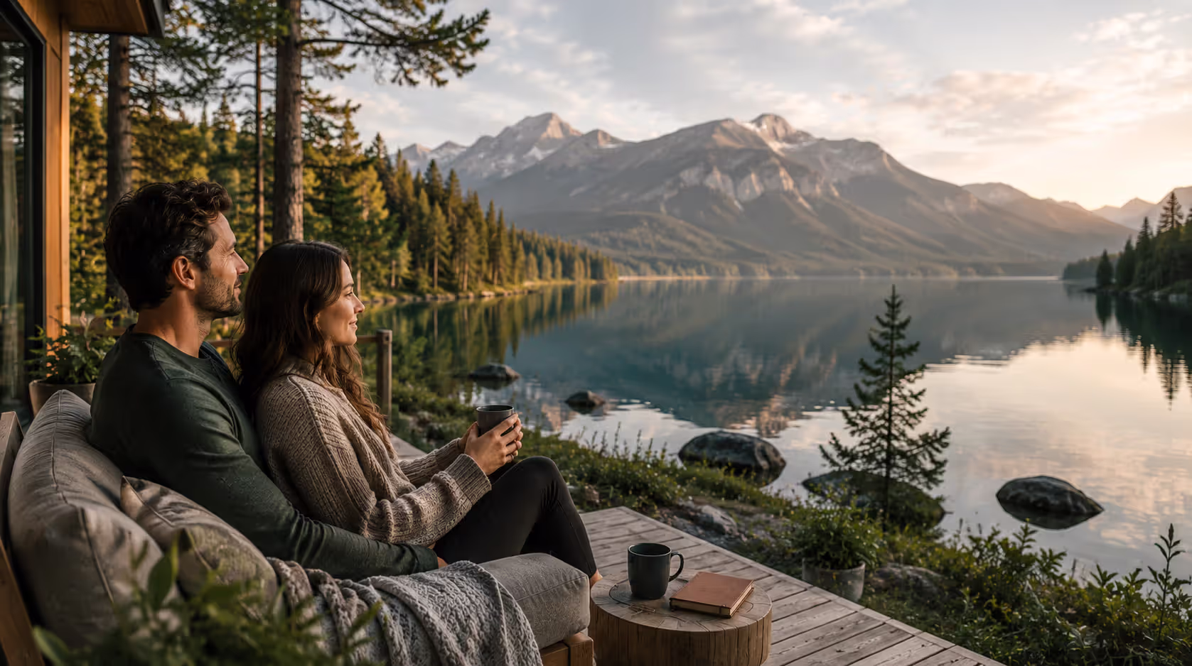 Couple at peaceful retreat setting by mountain lake