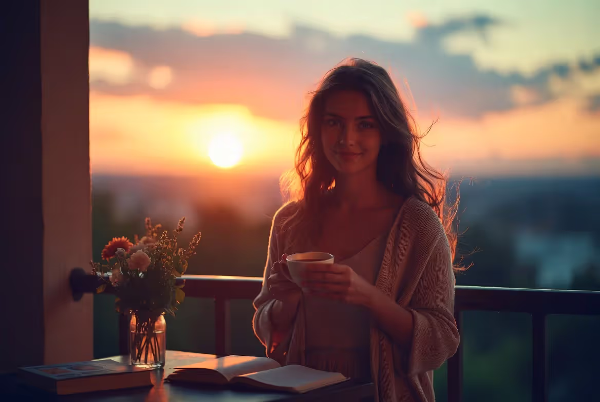 A young woman standing on a balcony at sunset, holding a cup of tea and smiling gently with a peaceful expression, symbolizing emotional healing and new beginnings after a breakup